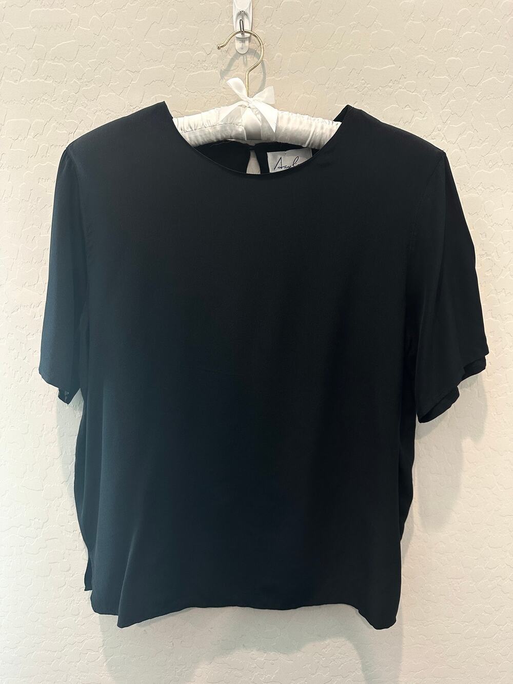 ANNE CARSON Vintage 100% Pure Silk Black Minimalist Short Sleeve Blouse Top M